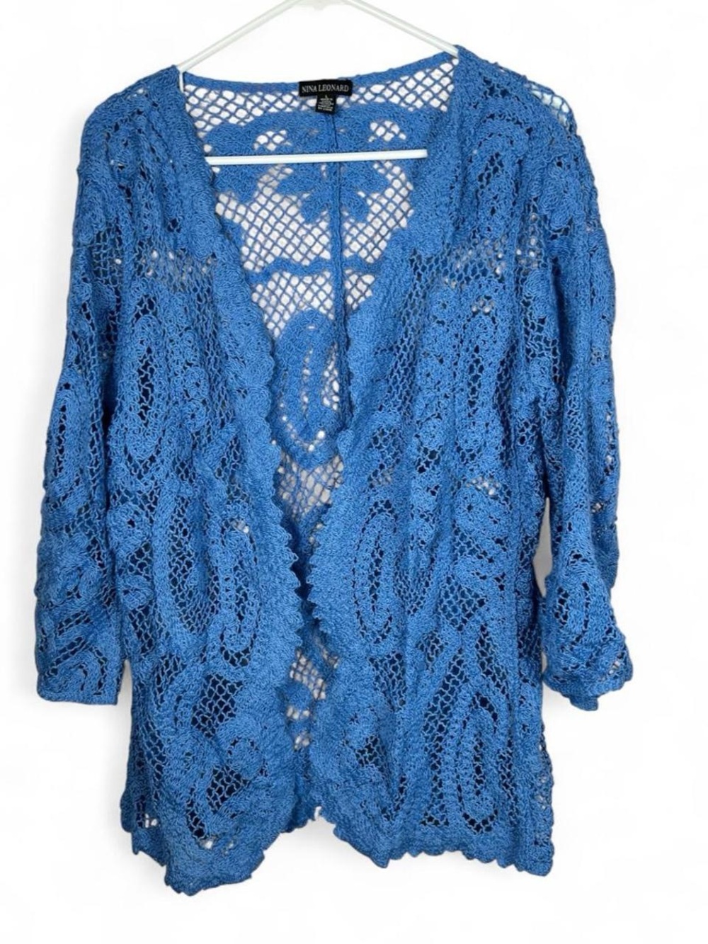 Nina Leonard Royal Blue Crochet Open-Front Cardigan